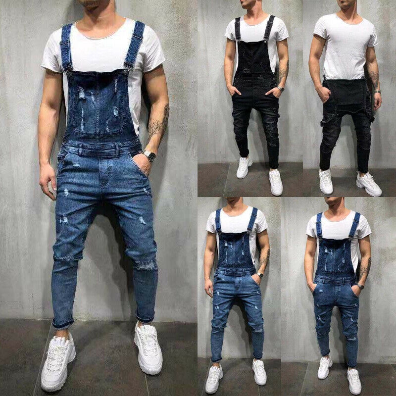 แฟชั่นผู้ชายกางเกงยีนส์สกินนี่ Romper Jumpsuit กางเกงทําลายกางเกงยีนส์ Rip