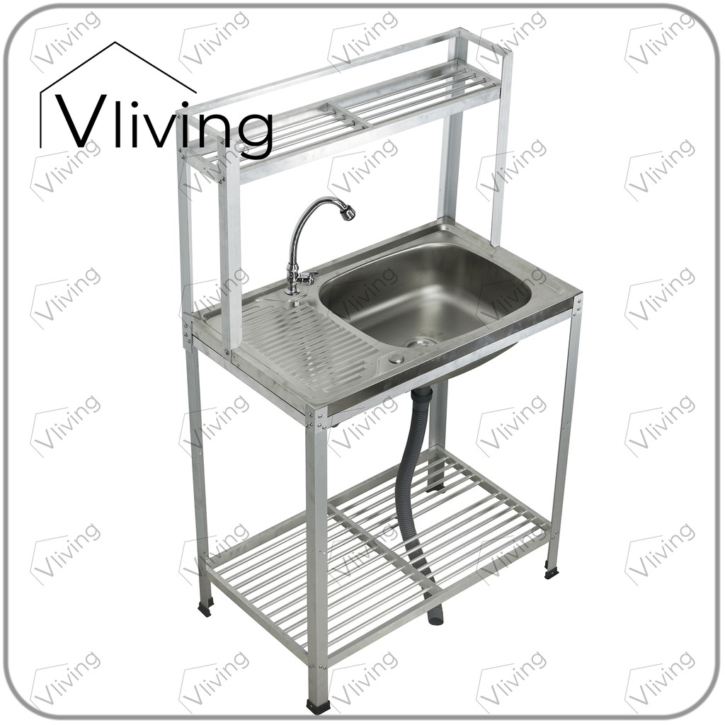 Vliving ซิ้งค์ล้างจาน อ่างล้างจาน สแตนเลส 2หลุม 3ชั้น มีบน (N)