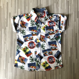 เสื้อเชิ้ตคอปกแขนสั้นวินเทจ เชิ๊ตฮาวาย เสื้อสงกรานต์ ลายห่วงยาง aloha hawaii สีขาว