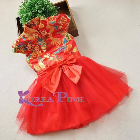 MERAH Qibao ชุดเดรสสําหรับเด็กผู้หญิงนําเข้าตรุษจีนสีแดงสีชมพูเกาหลี