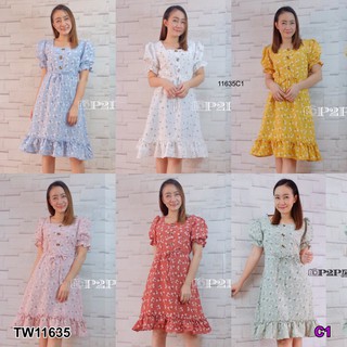 TwinsShopVip💗พร้อมส่ง TW11635 เดรสคอเหลี่ยมแขนตุ๊กตาลายดอก