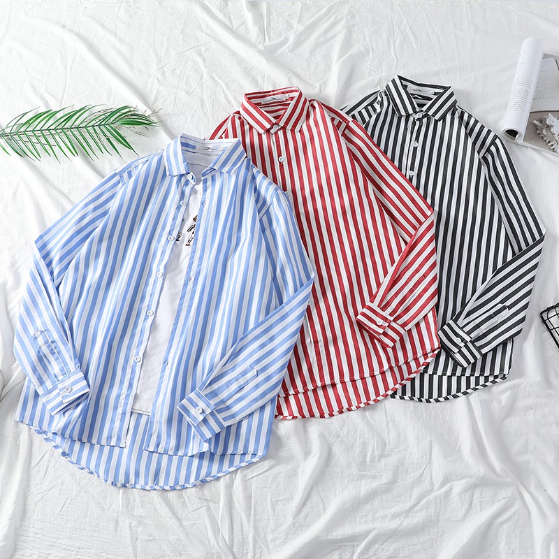 เสื้อเชิ้ตลำลอง แขนยาว ลายทาง แฟชั่นสำหรับผู้ชาย