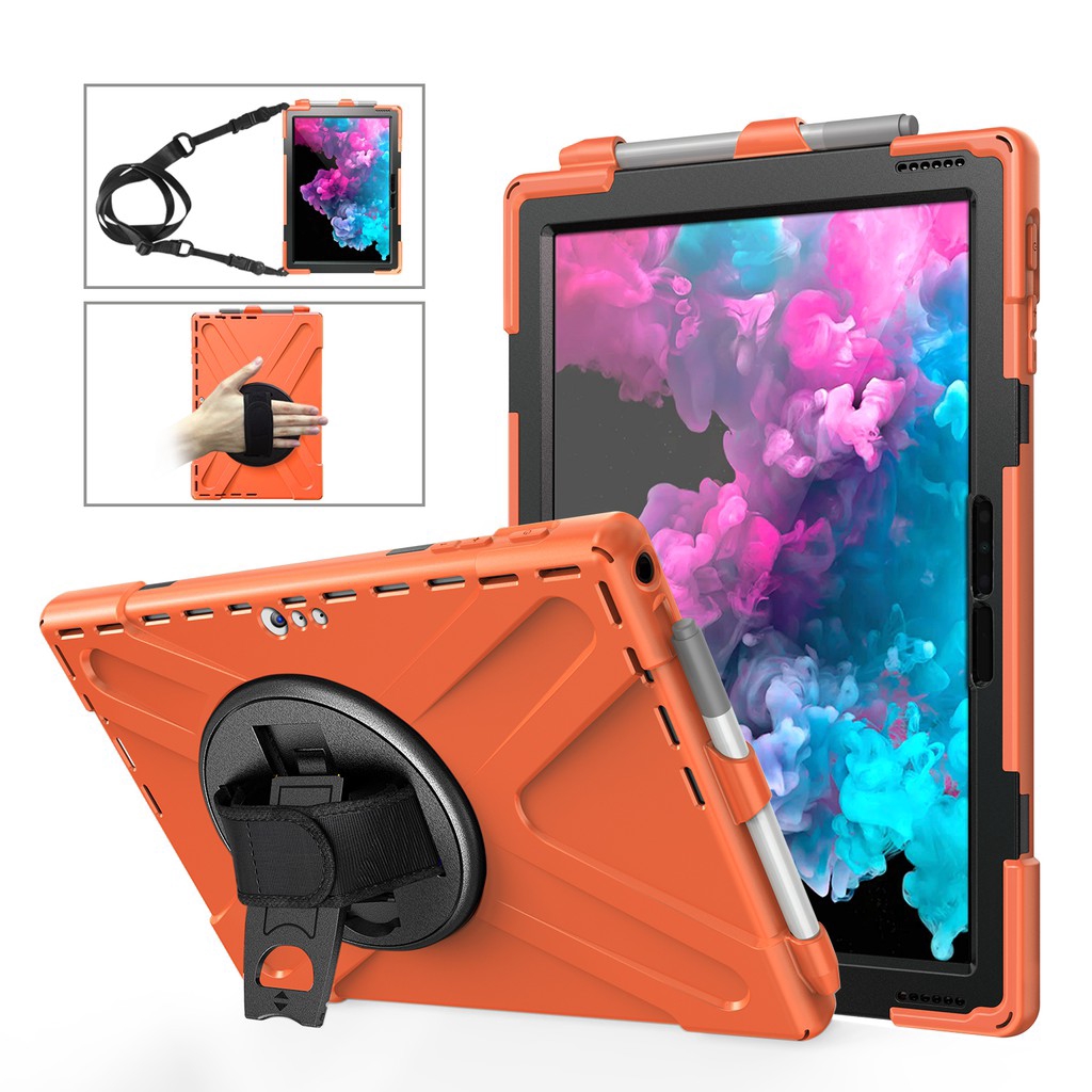 For Microsoft Surface Pro 4 5 6 7 / Surface Go Tablet Casing Heavy Shockproof Silicone Hard Case Rotating Stand + Hand Palmstrap Carrying Shoulder Strap Full Cover With Pencil Holder Protection Case