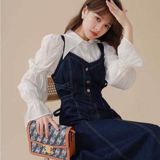 Retro dark blue suspender ชุดหญิง 2 ใหม่ denim กระโปรงเอวกระโปรง two-piece set