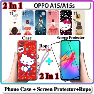 2 IN 1 เคส OPPO A15 A15s เคส พร้อมกระจกนิรภัยโค้ง ป้องกันหน้าจอ เซรามิค สําหรับเด็กผู้หญิง และคิตตี้