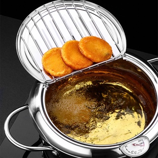 ✌✧Frying Pot Japanese Wok Pan Stainless Steel Pan Deep Frying Pot with a Thermometer and a Lid Kitchen Tempura Fryer Pan