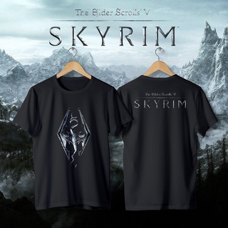 เสื้อตราหานคู่ เสื้อยืดวินเทจ เสื้อยืดครอป Skyrim เสื้อยืด cotton 100% ลายโลโก้มังกรสีขาวและดำ Tee