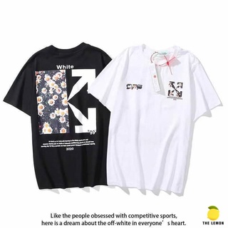 เสื้อผู้ชายเท่ เสื้อยืดสีขาว [Lemon]เสื้อยืด OFF WHITE 20SS  ลายดอกเบญจมาศใส่ได้ทั้งชายและหญิง Tee