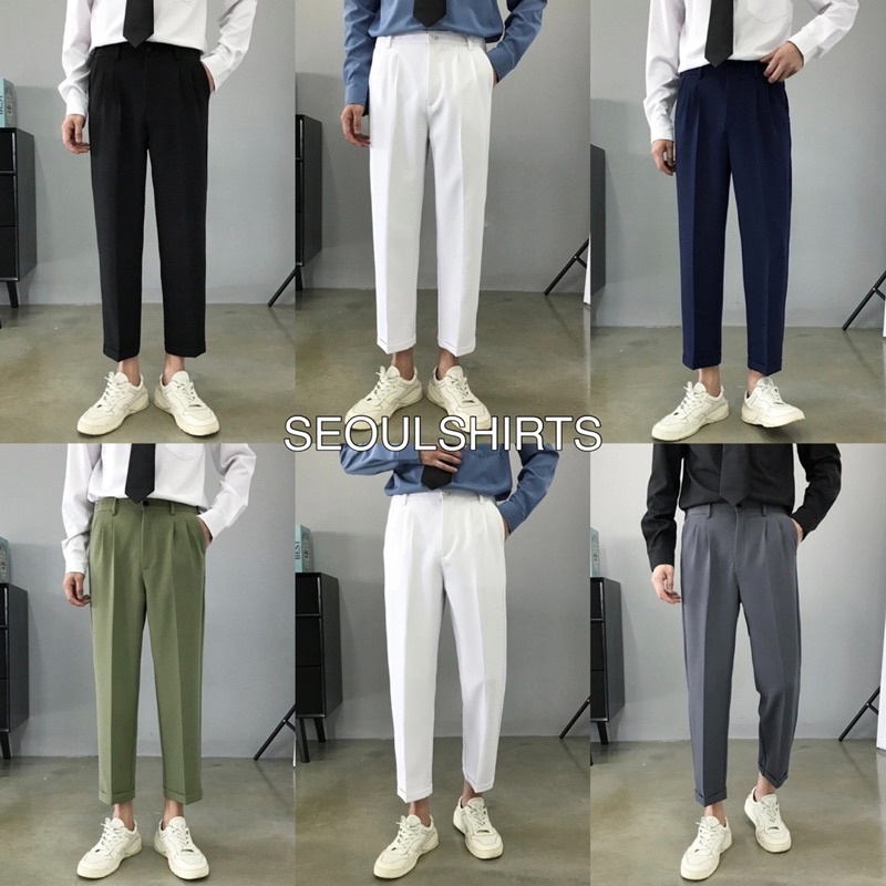 🇰🇷 พร้อมส่ง กางเกงสแลค พับขา ทรงกระบอก ทรงสวยมากๆ เอวสูงขาเต่อสไตล์เกาหลี เอวสม็อคยืดได้ P031