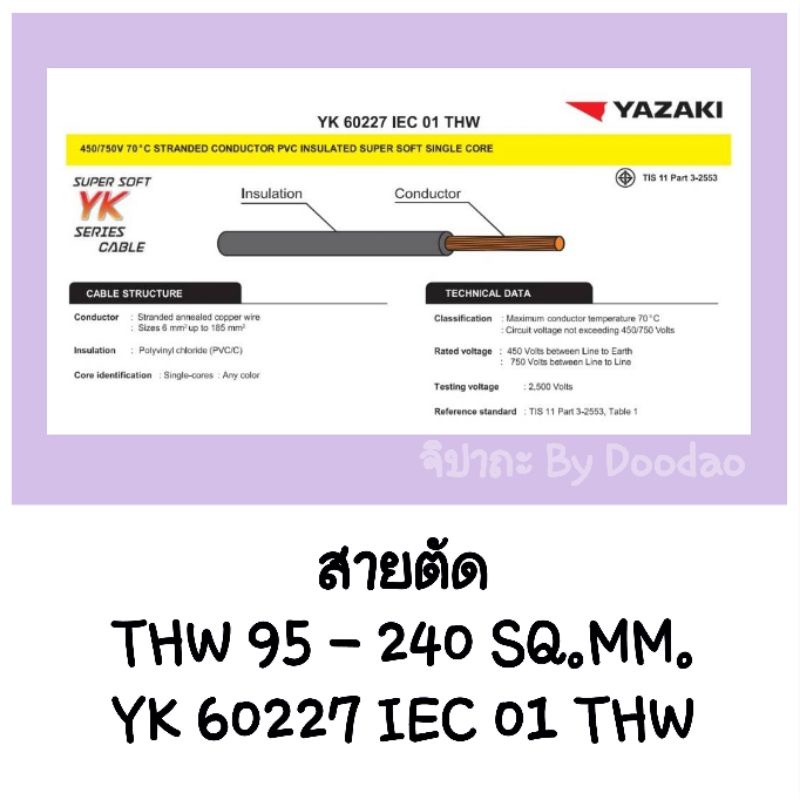 สายไฟ ตัดแบ่ง THAI YAZAKI THW 1 x 95 / 120 / 150 / 185 / 240 / 300 ยาซากิ สีดำ สายเมน ทองแดง