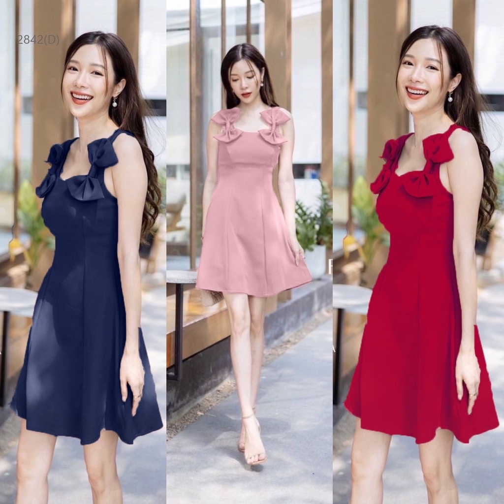 BS2842  เดรสออกงาน เรียบหรู ไหล่แต่งโบว์สวยเกร๋ งานซิปหลัง
