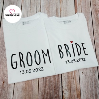 +พร้อมส่ง+เสื้อคู่รักสกรีน GROOM &amp; BRIDE [วันที่เปลี่ยนได้] C002 ตัวละ