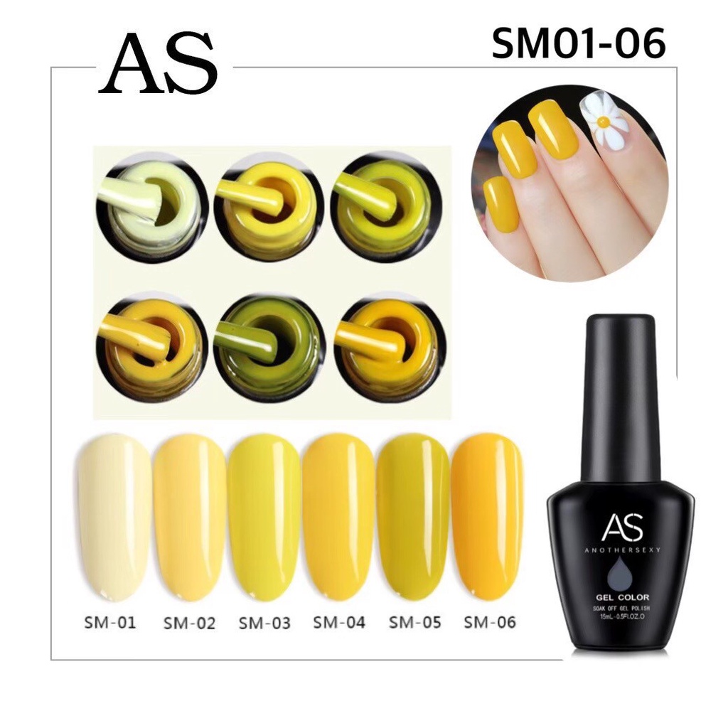 สีเจล As 15ml. ขวดดำ SM 01-06 สีเหลืองอ่อน /เข้ม  สียอดฮิตขายดี สีสวย สีแน่น ทาง่าย