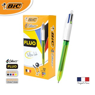 [Official Store] BIC บิ๊ก ปากกา 4 Colours FLUO ปากกาลูกลื่น(1.0mm.)+ไฮไลท์สีเหลือง(1.6mm.)จำนวน 12 ด้าม