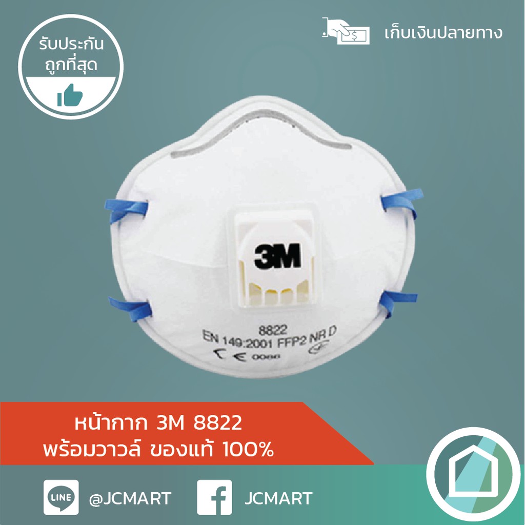 หน้ากาก 3M 8822 คล้องหัว หน้ากากป้องกันฝุ่นละออง กลิ่น พร้อมวาล์ว ของแท้แน่นอน