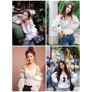 🍒New!🍒เสื้อแฟชั่นสายเดี่ยว ต่อแขน เย็บแต่งระบาย เนื้อผ้าดี ทรงสวยหรู