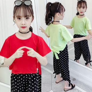 (พร้อมส่ง) ชุดเด็กโต ราคาส่ง เสื้อแต่งผูกโบว์ด้านหลัง + กางเกงลายจุด น่ารักมาก