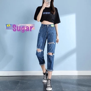 Sugar🌈พร้อมส่ง🌈กางเกงยีนส์ขายาวเอวสม้อคหลัง แต่งขาดแบบเกาหลี เก๋มั่กๆ(5322)