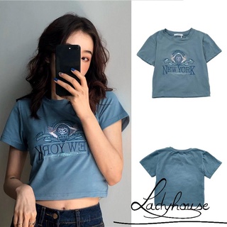 LD-Women´s Round Neck Crop Tops, Short Sleeve Cartoon Letter Embroidery Slim Fit T-Shirts