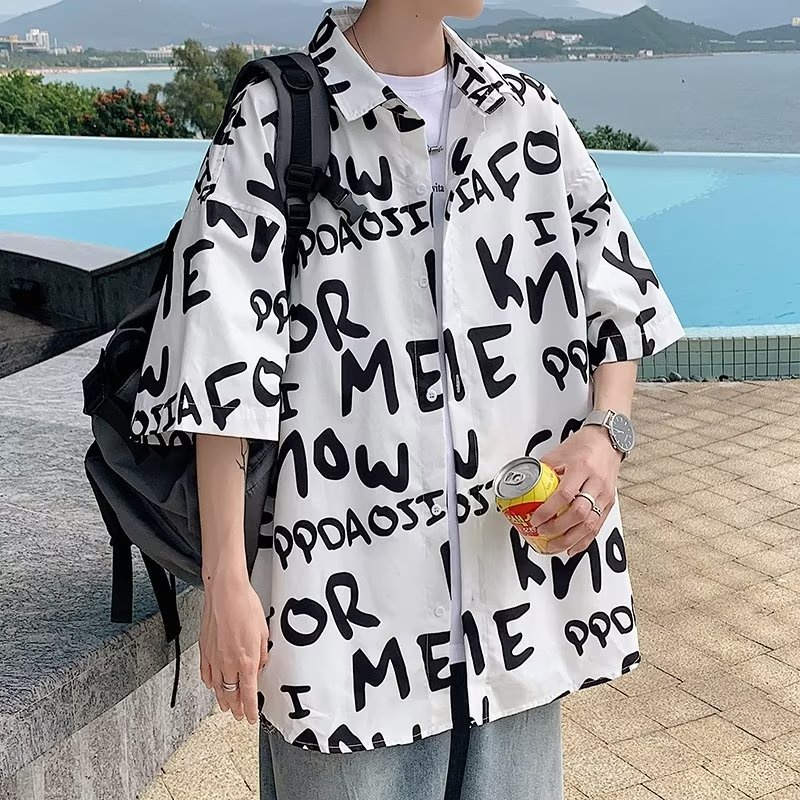 เสื้อเชิ้ต พิมพ์ลายตัวอักษร ทรงหลวม ขนาดใหญ่ สไตล์เกาหลี ฮาวาย แฟชั่นฤดูร้อน สําหรับผู้ชาย