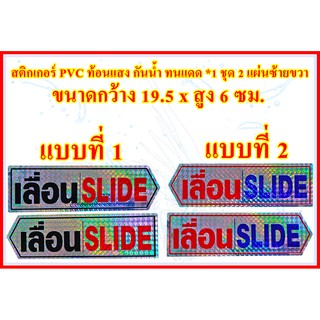 สติกเกอร์ PVC สะท้อนแสง กันน้ำ ทนแดด ป้ายสติกเกอร์ข้อความ *เลื่อน SLIDE* ได้ 2 แผ่นตามแบบในรูป ป้ายเลื่อนประตูซ้าย ขวา