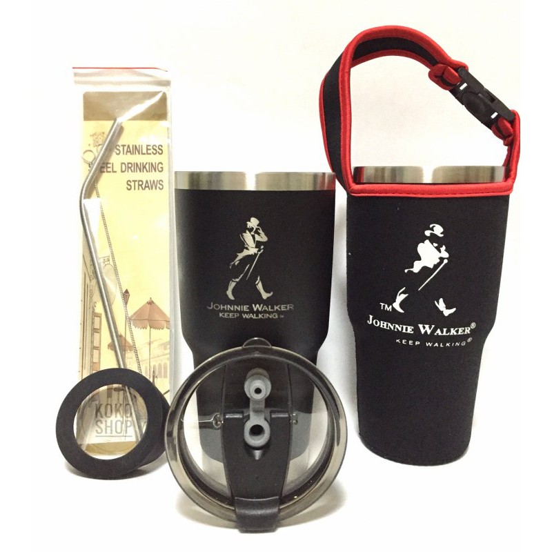แก้วเก็บอุณหภูมิ ร้อน-เย็น แก้วเยติ ลาย Johnie Walker สีดำขอบสแตนเลส ฟรี!!..หลอดสแตนเลส และยางรองแก้