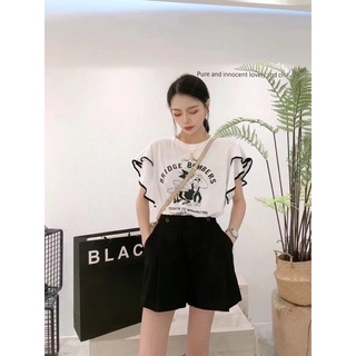 เสื้อยืดคอกลม แต่งแขนระบาย ลายสกรีน สไตล์เกาหลี น่ารักเกินต้าน