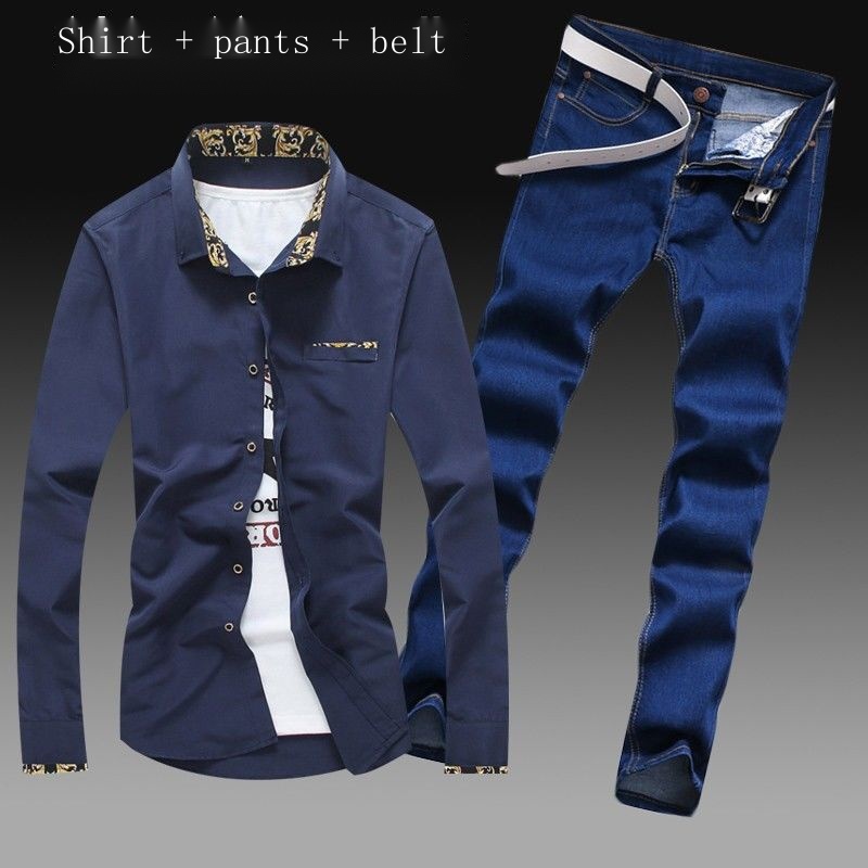 ﹉Three-piece new casual men s shirt and long pants denim suit Korean version trend solid color #4