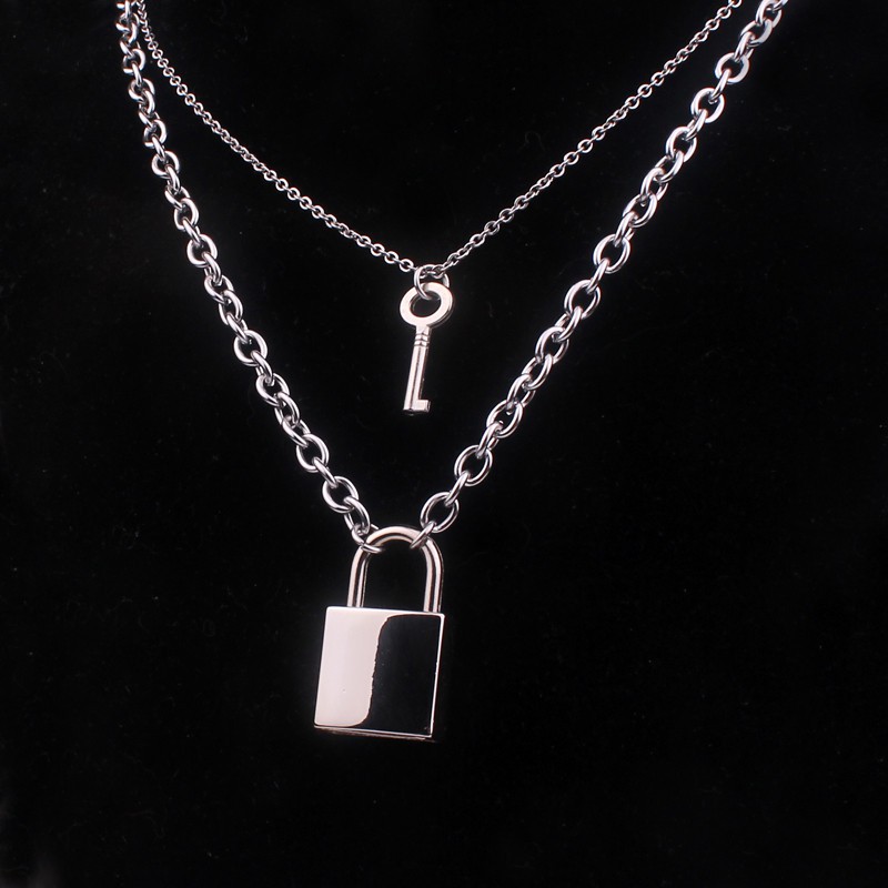 สแตนเลสสตีลกุญแจสร้อยคอจี้สําหรับผู้หญิงผู้ชายเหล็กสีล็อคสร้อยคอ Layered CHAIN Punk เครื่องประดับ di112