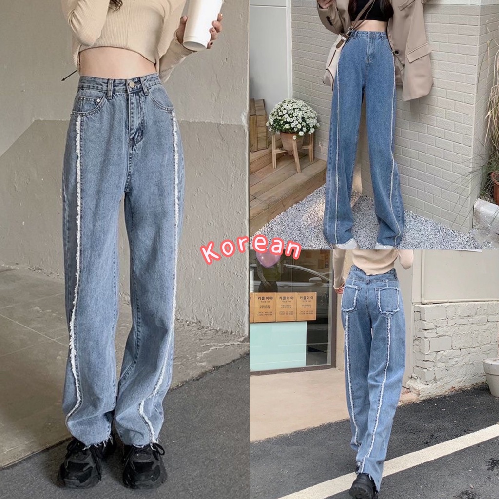 Korean ยีนส์ทรงกระบอก ตกแต่งรุ่ยด้านขอบขากางเกง/Girls jeans /ทรงสวย สุดฮิตวัยรุ่นมากๆมีสองสี 339