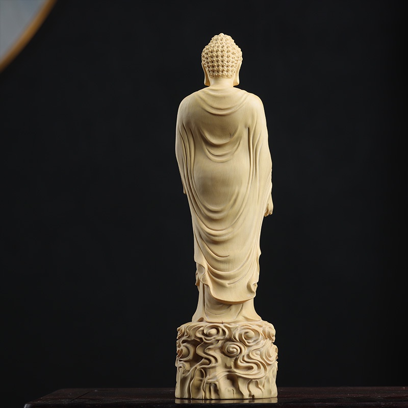 ◐❇❍Boxwood 20cm Amitabha Buddha Sculpture Wood Carving Sakyamuni Statue Worship Home Decor