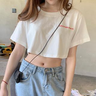 【COD &amp; พร้อมส่ง】เสื้อครอปแขนสั้น คอกลม พิมพ์ลายตัวอักษร ทรงหลวม สําหรับผู้หญิง