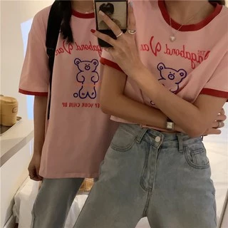 ✨Fairy style✨ เสื้อยืด พิมพ์ลายน้องหมี ครอปเอวลอทรงสวย สไตล์เกาหลี มีให้เลือก2แบบ🐼 #9350-9351