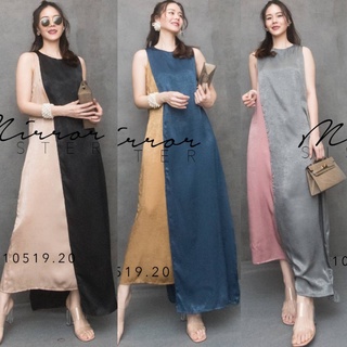 🔖MirrorSister เดรสออกงาน Dhoti Contrast Color Loose Satin Maxi dress เดรส แขนกุด คอกลม ทรง Basic ผ้าซาติน เนื้อดี สี สวย