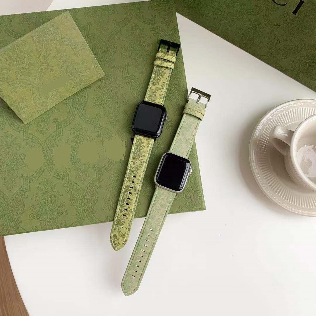สายนาฬิกาข้อมือ สายหนังวัวแท้ พิมพ์ลาย สีเขียว สําหรับ Apple Watch iWatch 6 5 4 3