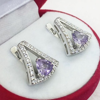 Q6432 ต่างหูพลอยอเมทิสต์แท้ ( Amethyst ) แบบอิงลิชล็อค ตัวเรือนเงินแท้ 925 ชุบทองคำขาว