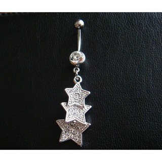 จิวสะดือ ลายดาว คริสตัลสีขาว ก้านหนา 1.6 มิล Triple Star Belly Rings