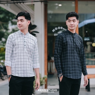 KERIS CHECK SHIRT | เสื้อเชิ้ตคอจีน รุ่นกระดุม 4 เม็ดลายตาราง แขนยาว ผ้า Cotton Oxford เกรดนุ่มพรีเมี่ยม