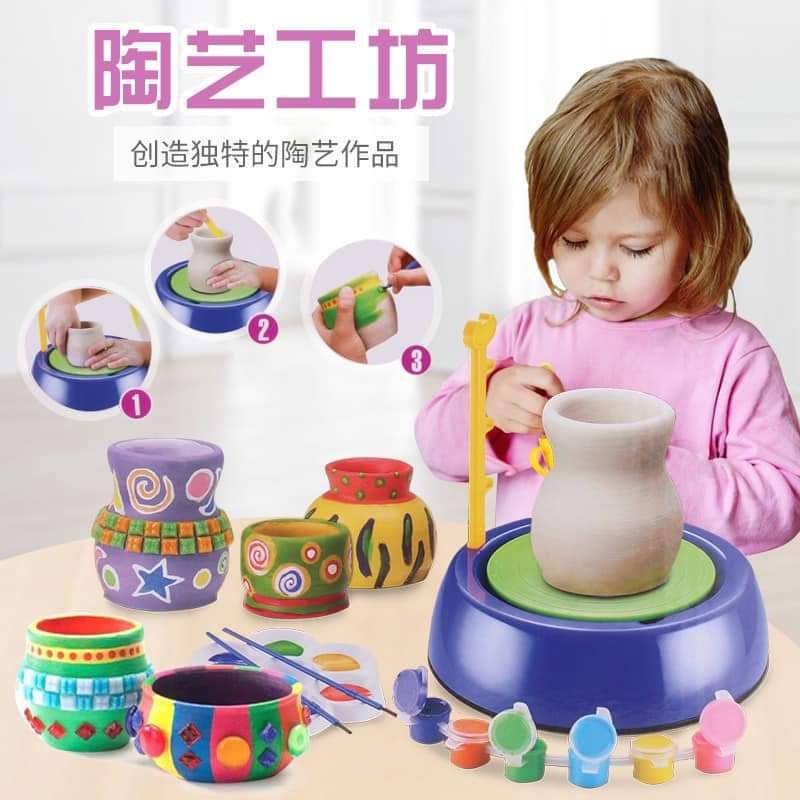 🌟New ชุดของเล่นปั้นดินเผา ปั้นดินเหนียว Pottery Wheel เหมาะทุกวัย มีจานหมุน พร้อมสี และดินเหนียว