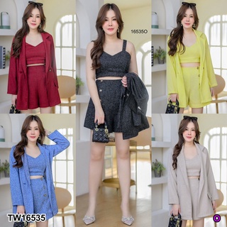 👗Pfashion [ส่งไว!!🚛] P16535 Set #สาวอวบ 3 ชิ้น เสื้อคอปสายเดี่ยว + เสื้อสูทแขนยาว + กางเกงขาสั้น