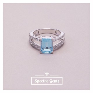 แหวนเงินแท้ 925 พลอยแท้ Sterling Silver Ring 92.5% topped with Blue Topaz (Blue) ชุบโรเดียม *พร้อมส่ง*