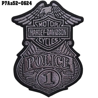 อาร์มติดเสื้อ กั๊ก ที่รีดติดเสื้อ ตัวรีดติดเสื้อ สั่งทำ งานปักลาย HARLEY POLICE Size 10*7.5cm #ปักดำเทาพื้นดำ