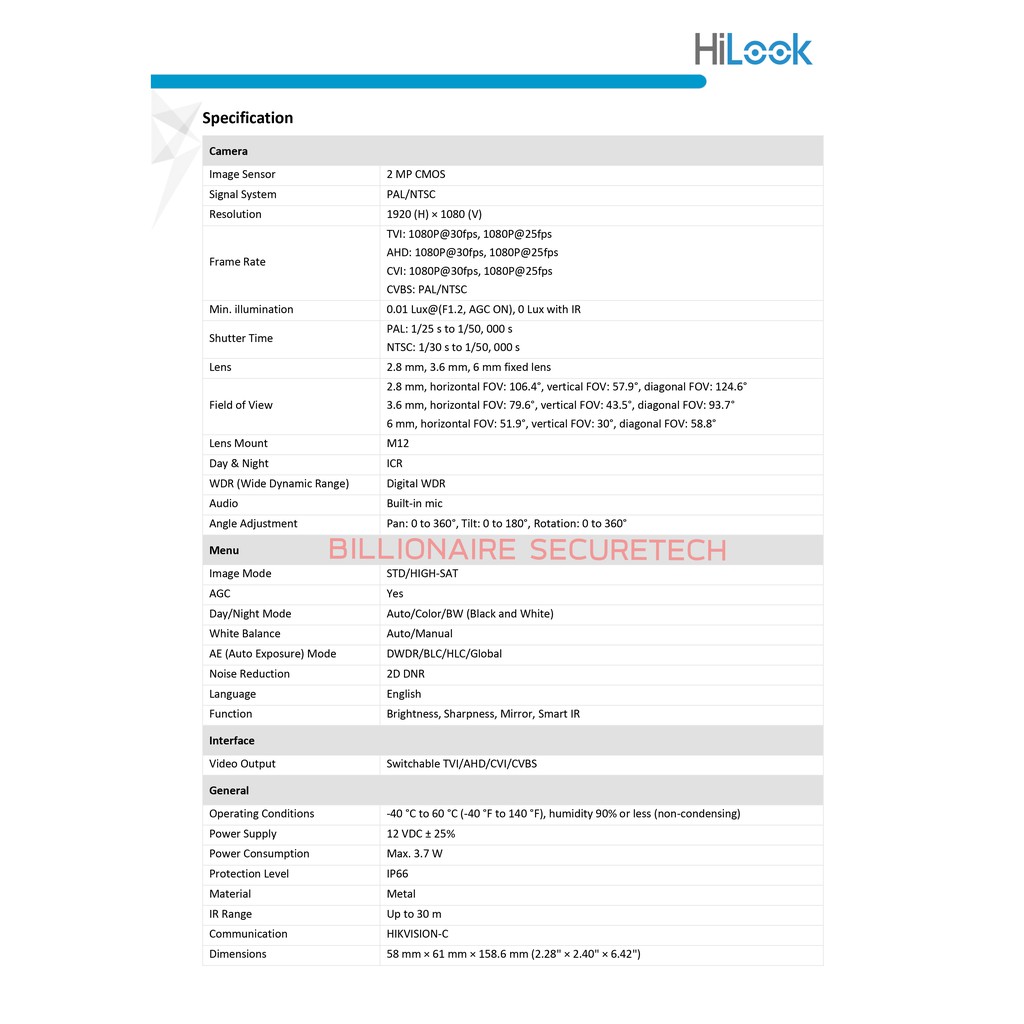 HILOOK กล้องวงจรปิด HD 4 ระบบ THC-B120-MS (3.6 mm) IR 20 M., มีไมค์ในตัว BY BILLIONAIRE SECURETECH