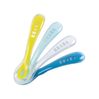 BEABA ช้อนซิลิโคนด้ามสั้น  Set 4 ชิ้น Beaba Set of 4 2nd Age Soft Silicone Spoons(Assorted Colors Blue/Whitl/Lagoon/Neon