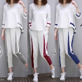 G3754 Set 2ชิ้น เสื้อหน้าสั้นหลังยาว + กางเกงขายาวแต่งลายทูโทน