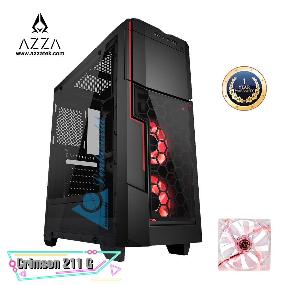 AZZA Crimson 211G Mid Tower Temped Glass Gaming Case (Front with Red LED Fan x2) – Black