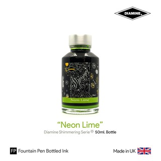 Diamine "Neon Lime" Shimmering Ink 50ml Bottle - หมึกปากกาหมึกซึม นีออนไลม์ สีเขียวไลม์มีพรายเงิน ขวดขนาด 50 มล.