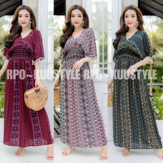 Dress Bigsize #no6 แมกซี่เดรสทรงค้างคาว ลายโบฮีเมียน คอวีหน้า-หลัง รุ่นนี้ใส่ได้ทั้งสองด้านคะ