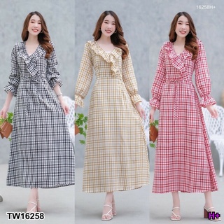 MM16258 Maxi dress ลายสกอตแขนยาวระบายปลายแขน Maxi dress in plaid print, long sleeves, ribbed cuffs