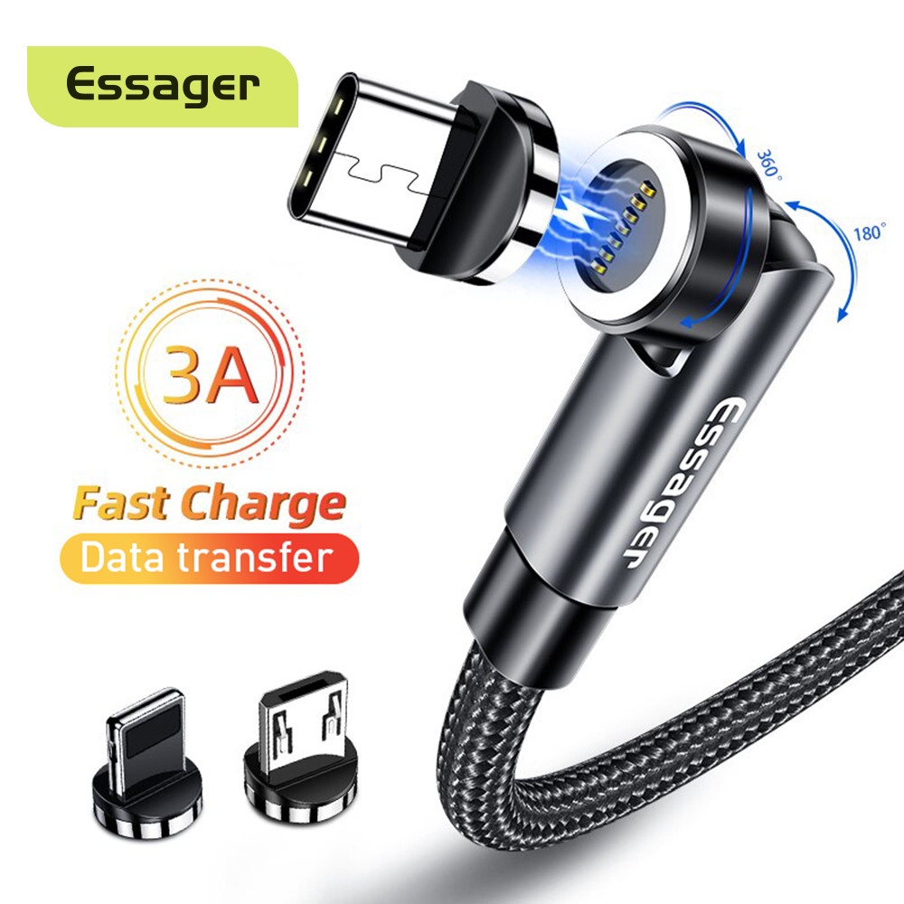 Essager สายเคเบิลแม่เหล็ก หมุนได้ 540 องศา 3A ชาร์จเร็ว Micro USB Type C สําหรับ iP Xiaomi สายชาร์จโทรศัพท์ สายชาร์จข้อมูล